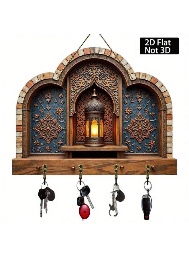 Decorative Wall Key Holder with Hooks – Islamic Arch Design Wall Decor – Vintage Wooden Key Rack with 4 Antique Copper Hooks – Entryway Organizer (2D Flat) - Image 5